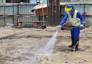 Foundation soil treatment for termites before construction in Goa.