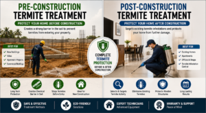 How to Prevent Termites in Bangalore: 15 Essential Termite Prevention Tips Every Homeowner Should Follow 1 Pre Construction and Post Construction Termite Treatment in Bangalore – Comparison showing termite protection before and after construction