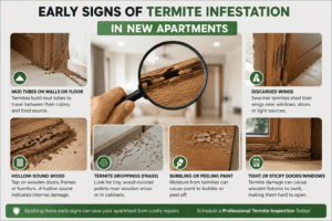 Termites in New Apartments: Why New Homes Get Infested & How to Prevent Them 1 Infographic showing early signs of termite infestation in new apartments, including mud tubes, hollow wood, termite droppings (frass), discarded wings, peeling paint, and damaged wooden doors.