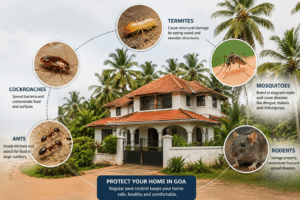 Common pests found in Goa including termites, cockroaches, mosquitoes and rodents
