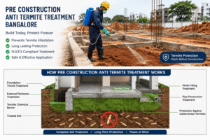 Professional technician performing Pre Construction Anti Termite Treatment  in Bangalore by applying an approved anti-termite solution to the foundation soil before construction begins.