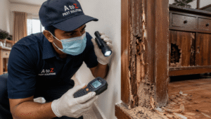 How to Get Rid of White Ants Permanently in India – Expert Guide for Pune, Mumbai, Bangalore Goa & Delhi 1 Professional technician inspecting white ant infestation in a wooden door frame and furniture inside a home, identifying early signs of termite damage before treatment.