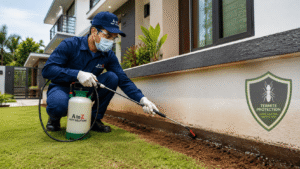How to Get Rid of White Ants Permanently in India – Expert Guide for Pune, Mumbai, Bangalore Goa & Delhi 2 Technician performing professional white ant treatment around a home's foundation to create a protective barrier against subterranean termites and prevent future infestations.