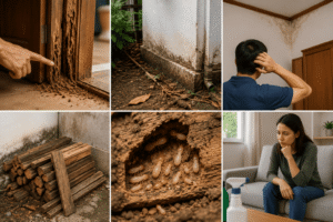 Severe termite infestation inside a residential home showing damaged wooden door frames, mud tubes, and structural wood destruction.