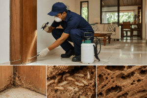Termite Control Cost in Goa (2026): Complete Price Guide 1 Professional termite inspection in a Goa home showing termite damage on a wooden door frame