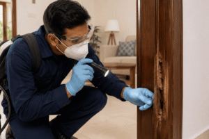 Termite Inspection: The Complete Homeowner's Guide to Protecting Your Property from Hidden Damage 1 Professional inspecting wooden cabinets and walls during a termite inspection