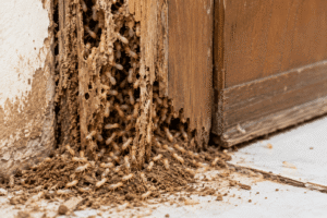 Active termite infestation inside a damaged wooden door frame showing live termites and structural damage