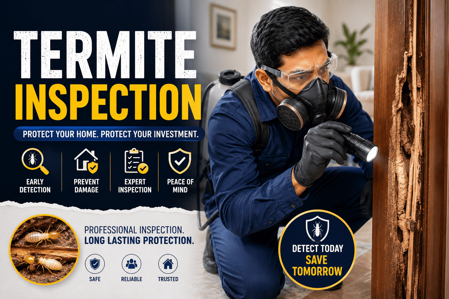 Visible signs of termite infestation on wooden furniture during termite inspection