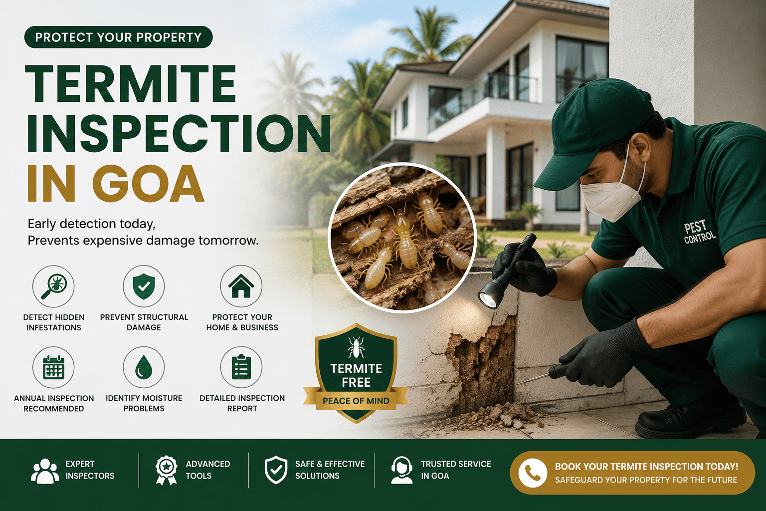 Professional termite inspection in Goa with a pest control technician checking a home's foundation for signs of termite infestation.