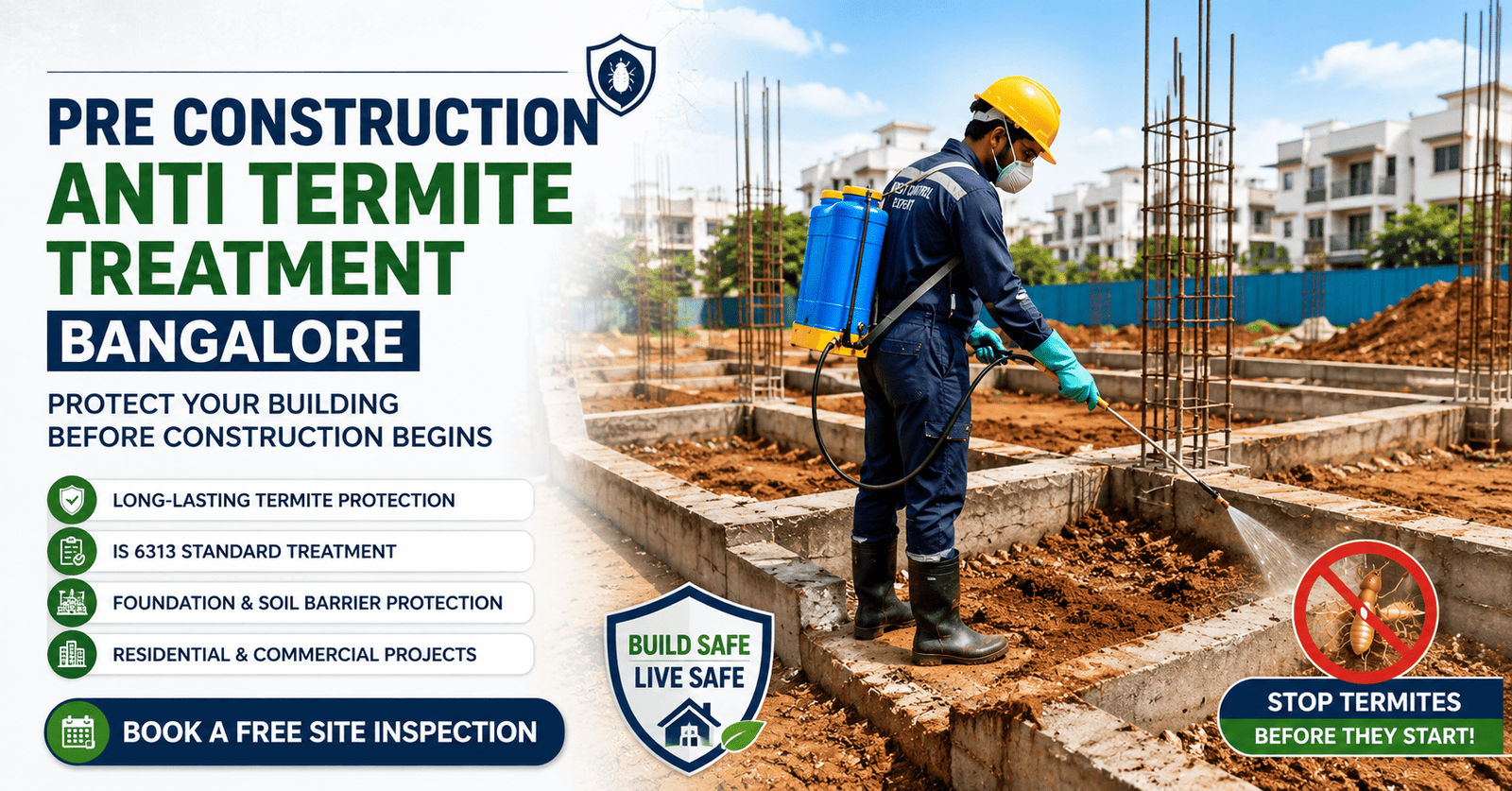 Professional technician performing Pre Construction Anti Termite Treatment Bangalore by applying an approved anti-termite solution to the foundation soil before construction, ensuring long-lasting termite protection for residential and commercial buildings.
