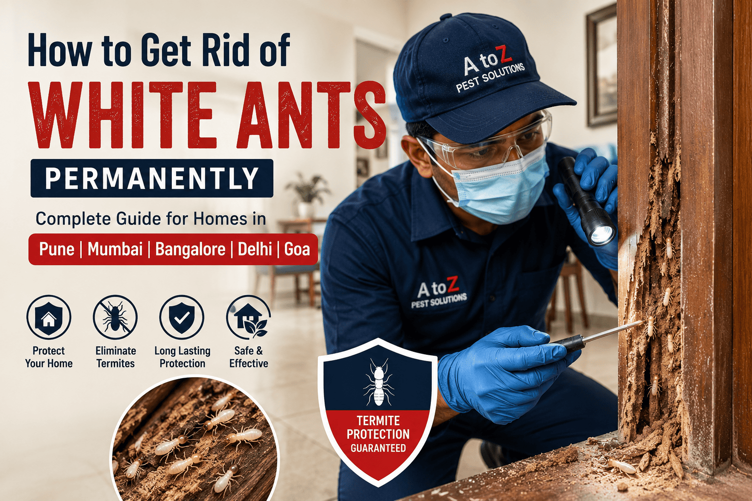 Professional pest control technician inspecting a wooden door frame for white ants (termites) inside a modern home, demonstrating how to get rid of white ants permanently with expert termite control.