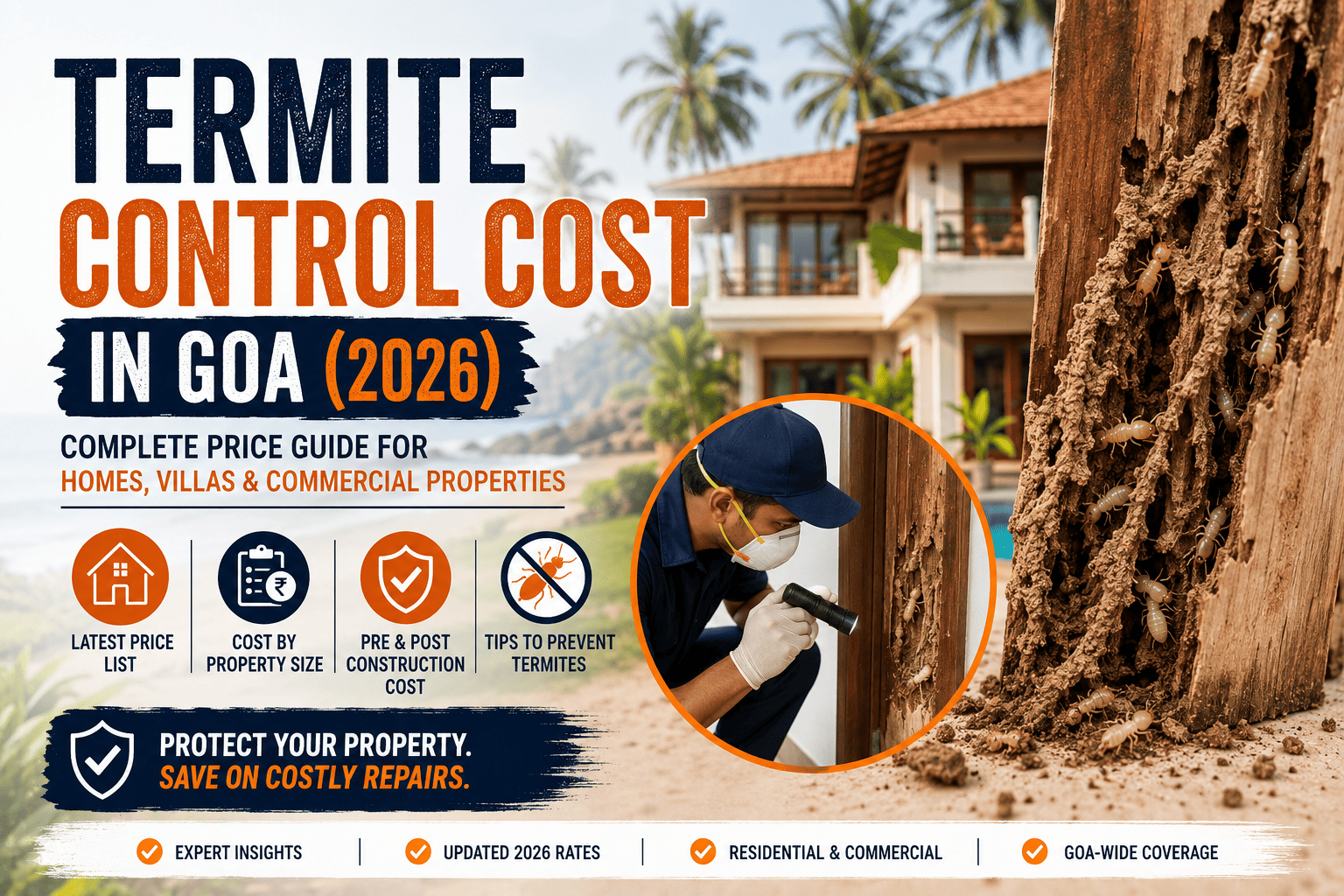 Termite control cost in Goa showing professional termite inspection and damaged wooden structure