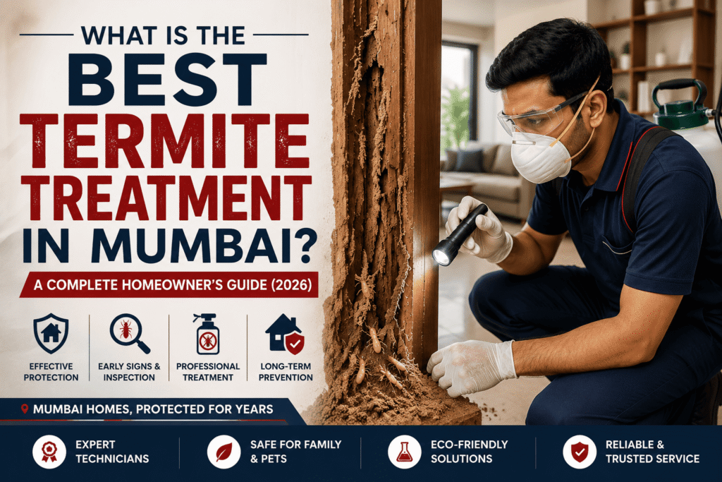 Best termite treatment in Mumbai with professional technician inspecting termite damage in a residential home