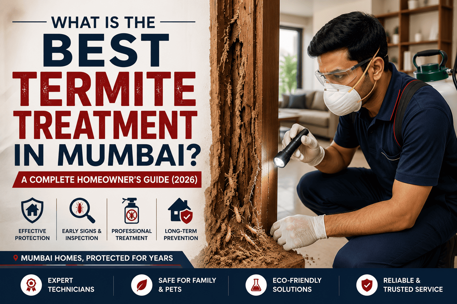 Best termite treatment in Mumbai with professional technician inspecting termite damage in a residential home